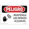 Signmission OSHA, Keep Hands Clear Spanish, 14in X 10in Rigid Plastic, 14" W, 10" H, Keep Hands Clear Spanish OS-DS-P-1014-LS-1391 - alternate 1